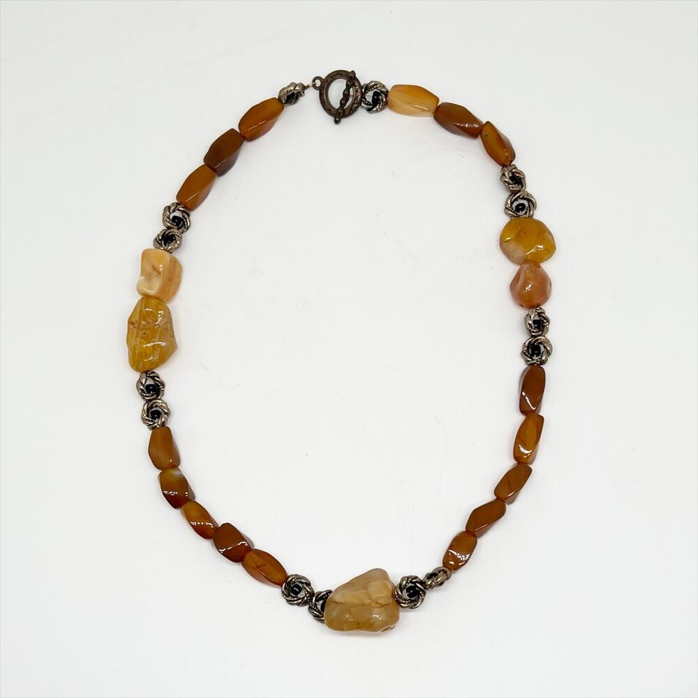 Handmade Tan Stone Gold Tone Beaded Necklace Hand Crafted Artisan
